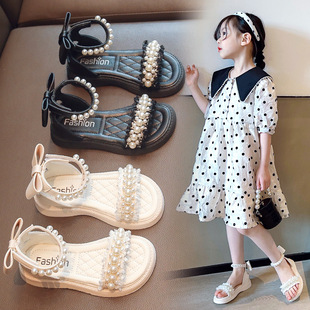 Girls' sandals 2023 Summer new middle and big children Princess sandals little girl Princess Pearl student shoes