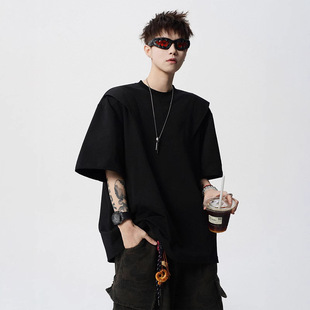 American Deconstruction Design Sense T-shirt Men's Summer High Street Niche Embroidered Short-sleeved Top Trendy Brand All-match Solid Color T-shirt