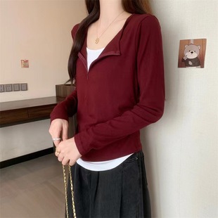 Dropshipping Red Fake Two-Piece Zipper Long Sleeve T-Shirt Women's Slim Outerwear Autumn New Large Size Bottoming Shirt Top