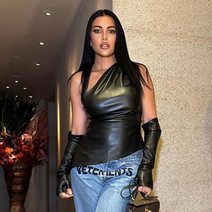 European and American Women's 2024 Autumn New Street European and American Sleeveless Slant Collar PU Leather Vest with Sleeve Top Women's Suit