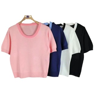 plus size Women's U-neck Ice Silk Knitted Sweater Summer New Color Contrast Fashion All-match Age-reducing Short-sleeved Loose Top