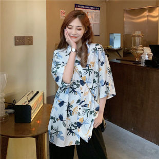 Seaside Holiday Short-sleeved Floral Shirt Women's Hawaiian Super Fairy Western Style Beach Floral Shirt Retro Hong Kong Flavor Bf Style Top
