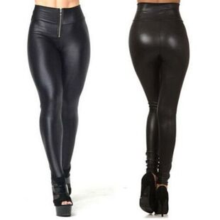 2023 Chunqiu Women's High Waist Zipper Imitation Leather Leggings Slimming Breathable Ankle-length Pants Hip Fleece-lined Leggings