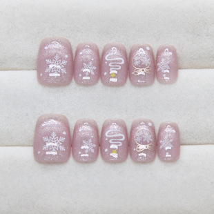 Ice Crystal Powder Penetrate Cat's Eye Wear Armor Christmas Snowflake Holiday Atmosphere New Year Nail Pieces Short Sweet False Nail Stickers