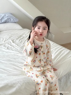 Girls' Pajamas Spring and Summer Children's Long-sleeved suit Children's Cotton Yarn Home Clothes for Girls Summer Princess Air-conditioning Clothes