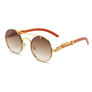 Personalized Double Beam Metal Retro Round Frame Sunglasses Universal Cool Trendy All-match Decorative Leopard Head Sunglasses Cross-border
