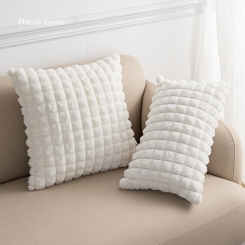 New Simple High Quality Imitation Rabbit Fur Cut Plaid Pillow Sofa Cushion Cross-border Home Solid Color Plush Pillow Case