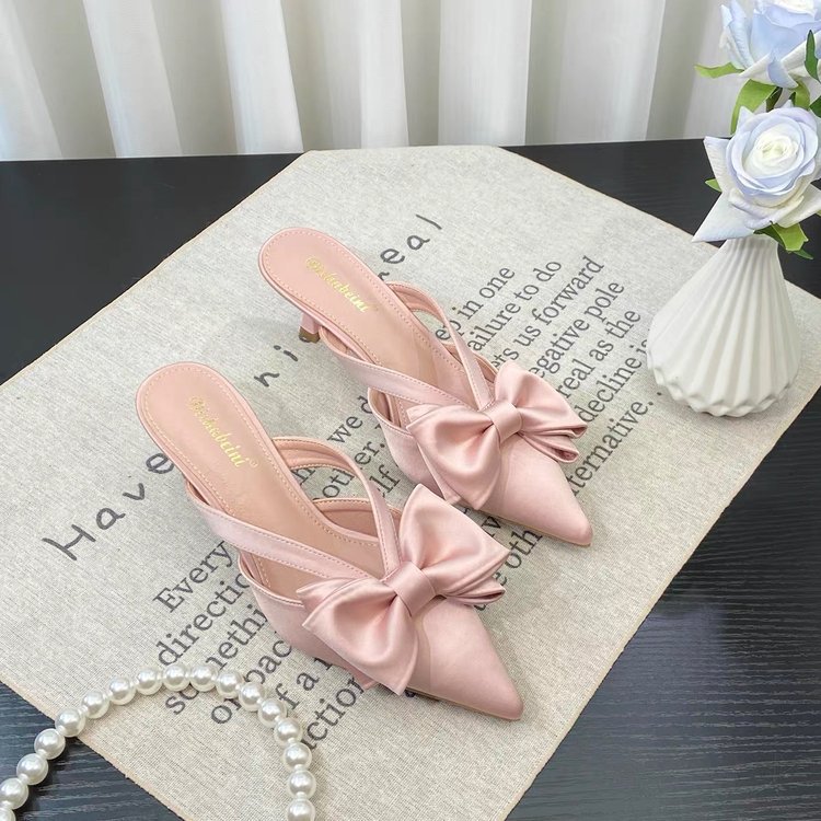 Fairy-style Pink Sandals Women Spring/Summer 2024 French Pointed Bow Hollow High Heel Half-covered Slippers