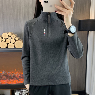 24RT1022 Autumn and Winter New All-match fleece-lined Women's Long-sleeved Half-zipper Collar Running Mountaineering Fitness Casual Loose
