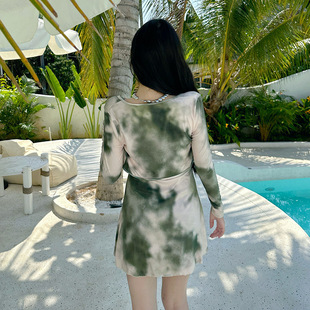New Korean Style Elegant Strap one-piece skirt swimsuit split fashion tie-dyed long sleeve blouse waist slimming