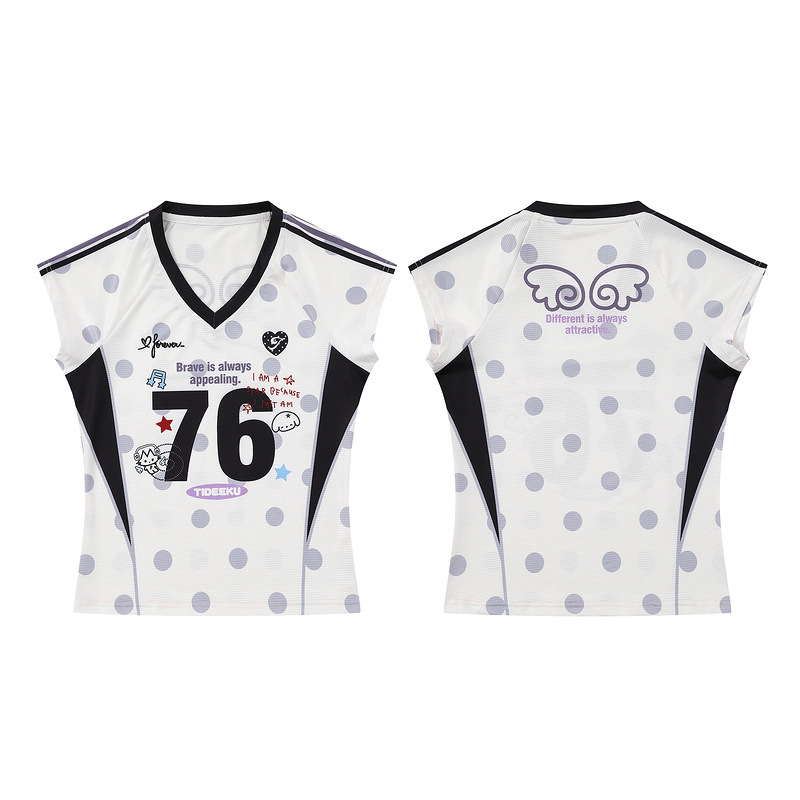 Guangzhou Xiaoyu Women's Clothing American Retro Polka Dot Jersey Style V-Neck Short Sleeve T-Shirt for Women Summer Slimming Color-Block Versatile Top