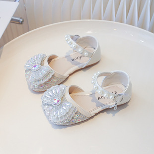 Children's Shoes Girls' Half Sandals 2024 New Korean Style Soft Bottom Rhinestone Girl Baby Princess Shoes