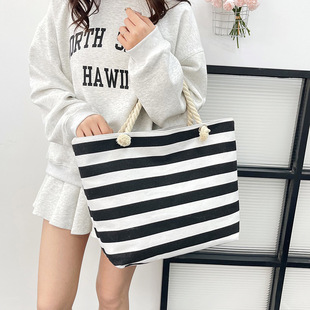 Cross-border Fashion Striped Canvas Women's Bag Japanese Style Literary Style Large Capacity Women's Handbag Shoulder Bag in stock