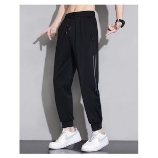 Thin Casual Pants Men's Ice Silk Trendy Summer New Loose Sweat Pants Cropped Wide Leg Sports Long Pants