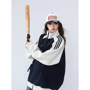 American Retro Sweater Cardigan Women's 2024 Autumn New Sports Casual Jacket Couple Lapel Contrast Coat