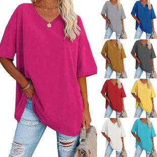 2023 Cross-border Foreign Trade Amazon European and American Women's T-shirt New Color Loose Shoulder Short Sleeve V-neck Women's Top Plus Size