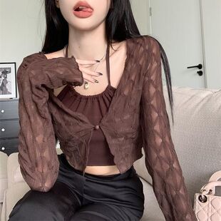 2025 Spring and Autumn New Women's Sweet Spice Girl Long Sleeve Sun Protection Outer Cardigan Jacket Top One Button Lace Cardigan