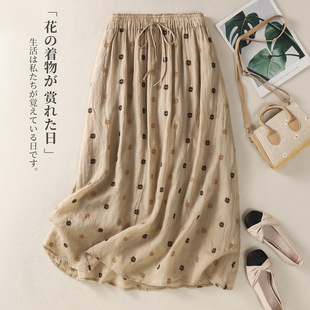 High Waist Ramie Embroidered Skirt Lace-up Loose Artistic Lining Thin Mid-length A- line Skirt for Women