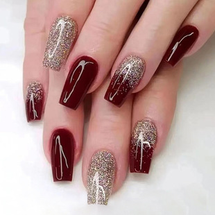 Flash gold wine red nail art wear long fake nail nail piece Europe and America ins Wind Factory wholesale
