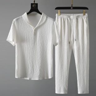 Summer Entry Luxury Pleated Casual Sports suit Men's Lightweight Breathable Fashion Lapel Short-sleeved Trousers Two-piece Set