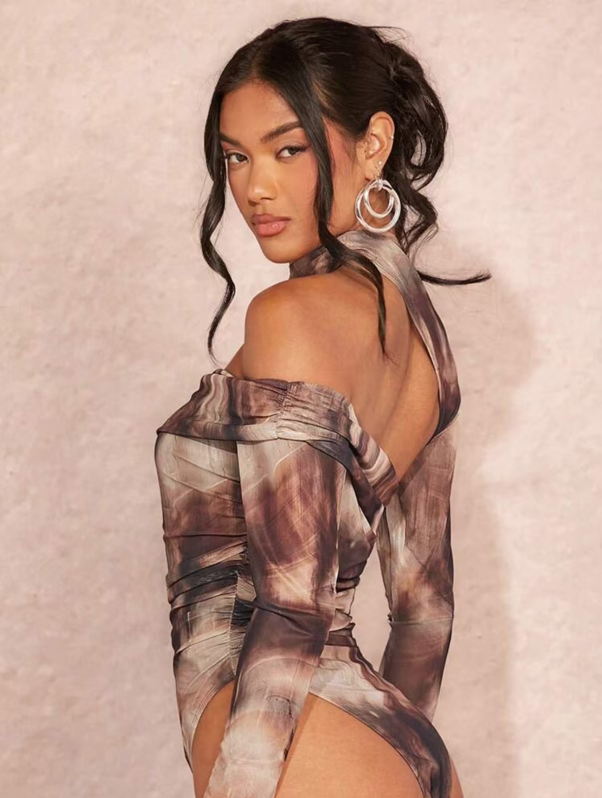 G25B219-European and American Cross-Border Long-Sleeved Printed Sexy Hottie One-Shoulder Asymmetrical Halter Jumpsuit