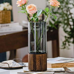 Simple Creative Wooden Glass Vase Log Base Living Room Dining Table Hydroponic Rich Bamboo Vase Living Room