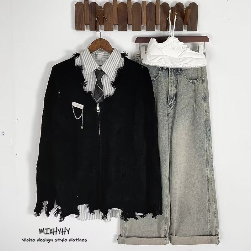 Dark Harajuku-style distressed knit sweater with zipper, trendy knitwear, unisex loose-fit outerwear for autumn and winter