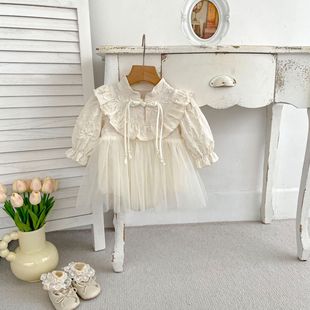 2024 Autumn Baby Girl New Chinese Style Mesh Long Sleeve Hare Clothes Baby Week Suit Western Style 1-3 Year Old Baby Hare Dress