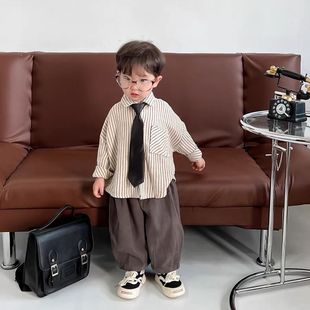Boys' Shirt 2025 Korean Top Brown College Girls' Striped Western Style Lazy Baby Tie Shirt