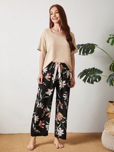 Summer New Contrast Color Cotton Silk Casual Women's Pajamas Thin Suit Solid Color Foreign Trade Multi-Flower European and American Home Clothes
