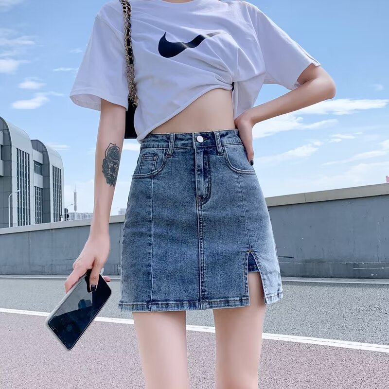 패션 높은 허리 스플릿 데님 스커트 여성 여름 슬림 A 라인 스커트 올 매치 우아한 힙합 랩 바지 스커트 하프 길이 스커트