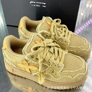 SM Gingerbread Desert Sneakers Wear Shattered Denim Canvas Shoes Women's 2024 New Arrival Wasteland Style Maillard Sneakers