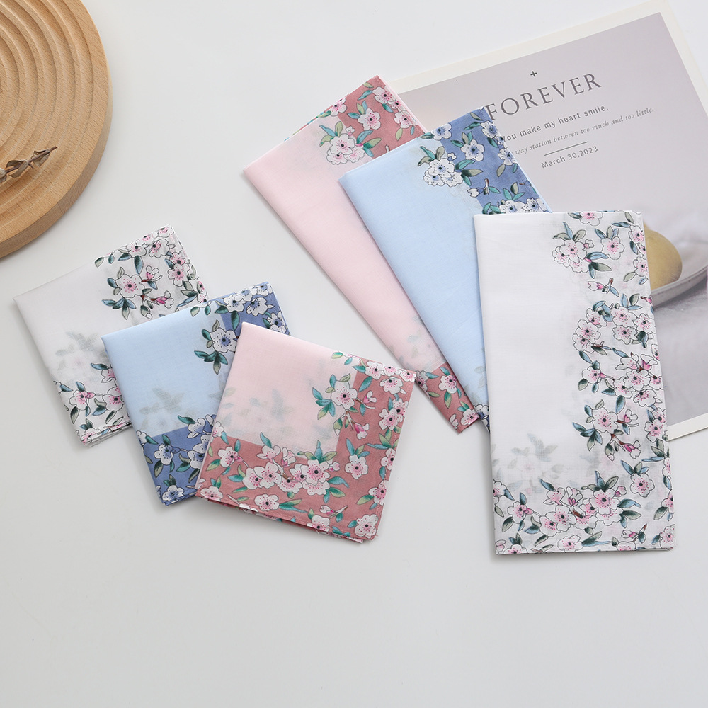 43cm Women's Pure Cotton Printed Handkerchief, Old-Fashioned, Nostalgic, Thin, Water-Absorbent, Sweat-Wiping Handkerchief, Portable, Soft and Comfortable Hand Towel