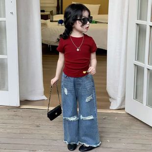Girls' Short-sleeved suit 2025 Children's Summer New Styline T-shirt Girls' Korean-style Ripped Jeans Two-piece Set
