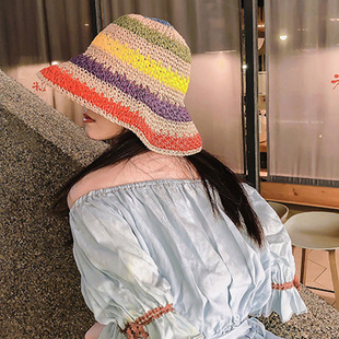 Hyun Ya Style Color Crochet Straw Hat Summer Beach Hat Sunscreen Sunshade Handmade Hat Color-matching Rainbow Hat Fisherman Hat