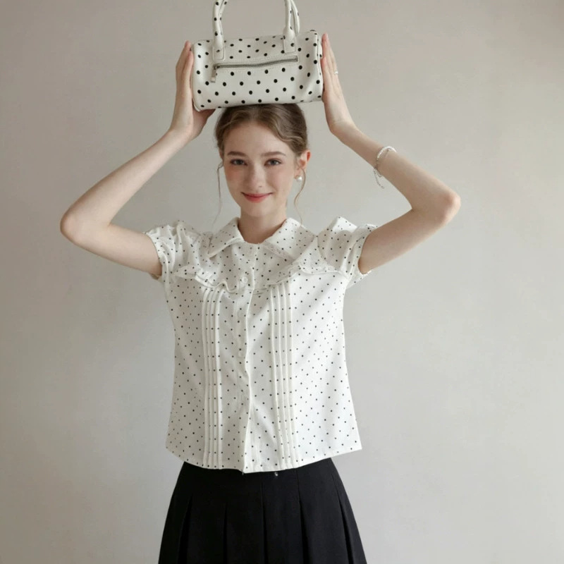 French-Style High-End Polka-Dot Doll Collar Puff Sleeve Top for Women, Summer Style, Gentle and Sweet Style, White Shirt with Turn-Down Collar