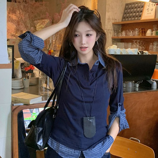 Korean Style Fake Two-Piece Polo Collar Stitching Color Long-Sleeved T-Shirt Women's 2024 Autumn New College Style Slim-Fit Top
