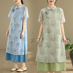 Новый китайский стиль ежедневное улучшение Cheongsam Летний новый шифоновый чайный костюм с короткими рукавами