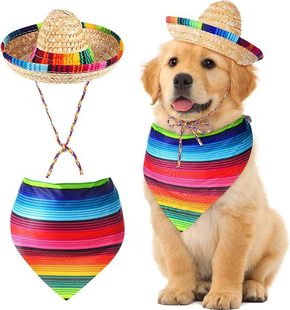 Pet Hat Scarf suit Mexican Hat Dog Triangle Scarf Pet Straw Hat Striped Scarf