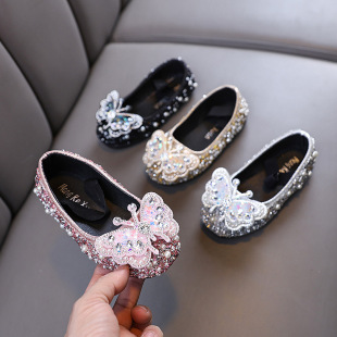 2025 Spring and Autumn New Lady Baby Girl Girl Princess Diamond Shoes Leather Shoes Dance Shoes