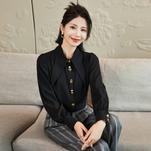 Socialite French Big Point Collar Shirt Women's New High-end Sense Spring and Autumn Fashion Elegant Small White Long Sleeve Shirt