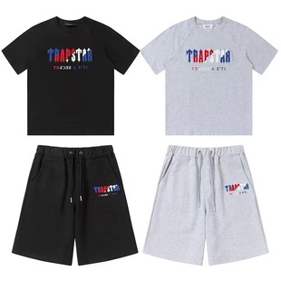 Cross-border foreign trade Trapstar short-sleeved suit rainbow letters gradient towel embroidery loose casual shorts suit
