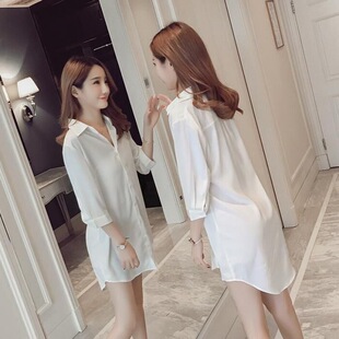 Sexy nightclub white shirt Women's seductive BF style pajamas loose mid-sleeve versatile cardigan top mid-length shirt dress