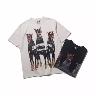 Spring and Summer 2023 New European and American High Street Half-sleeved ins Kanye Three-headed Doberman Dog Printed Short-sleeved T-shirt