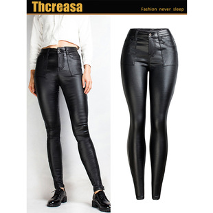 European and American Women's PU Leather Pants Autumn and Winter Black Fleece-Lined Imitation Leather Pants Pocket Slim-Fit Leggings