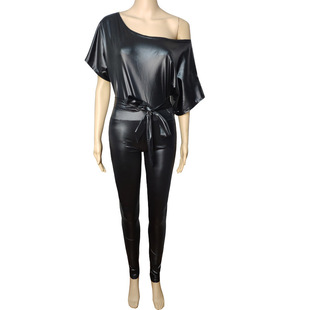Kim Korean Autumn Women's Clothing Amazon ebay Cross-border Leather Jumpsuit Strap Shoulder Sexy Tight Leather Ins