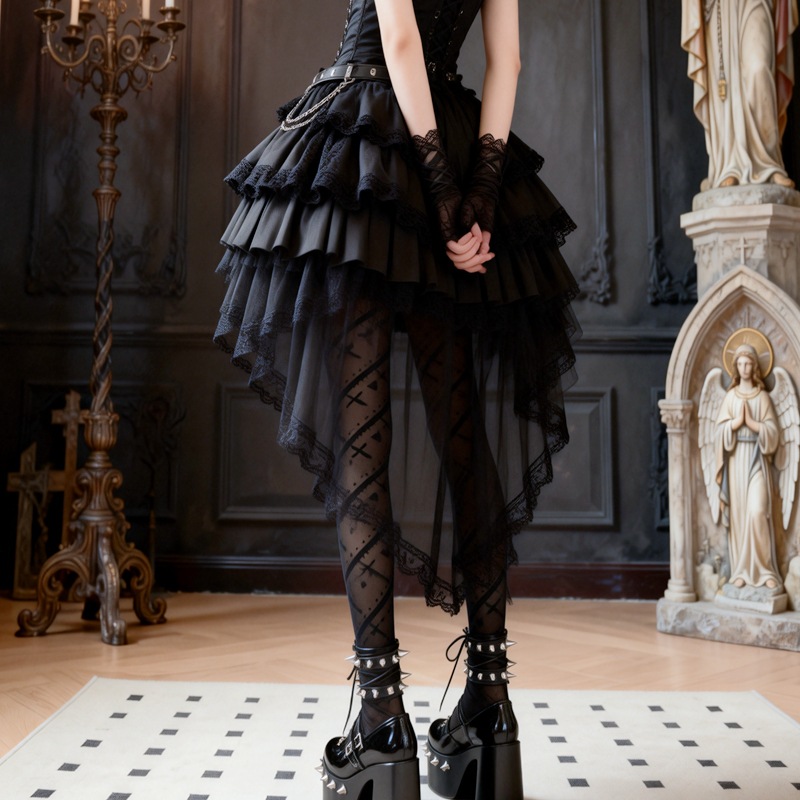 "Cross of Love" Spicy Girl Heart-Shaped Diagonal Cross Subculture Thin Dark Lolita Pantyhose with a Naked Feel