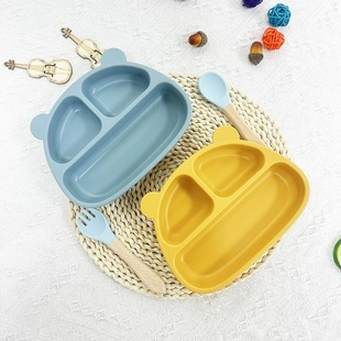Children's Silicone Dinner Plate One-piece Supplementary Dinner Plate Split with Suction Cup Cartoon Bear Eating Training Anti-fall Tableware