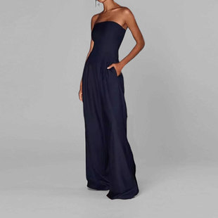Cross-Border 2025 Amazon Spring New European and American Clothing Fashionable Elegant Trendy Work Clothing Pure Color Wide-Leg Jumpsuit