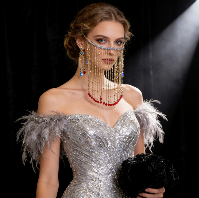 Cross-Border Exotic Face-Covering Veil Jewelry Handmade Golden Tassel Face Chain Mask Nightclub Performance Clothing Accessories